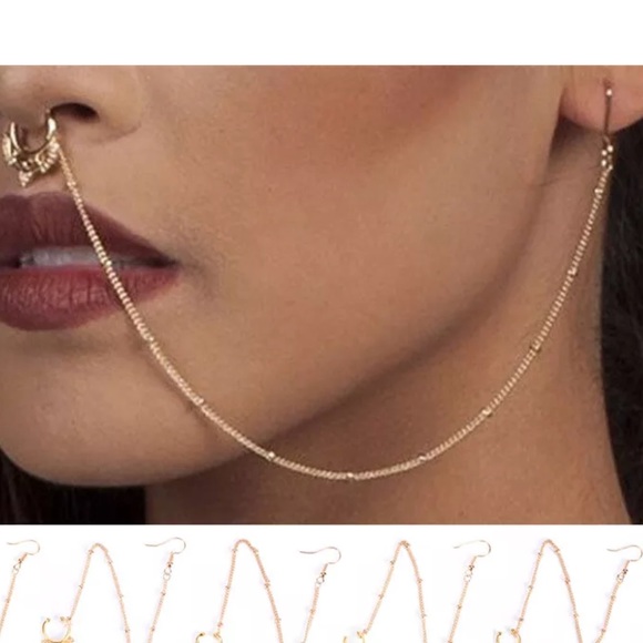 Faux Nose piercing jewelry to ear ring chain harness face rave festival harness - Picture 1 of 1